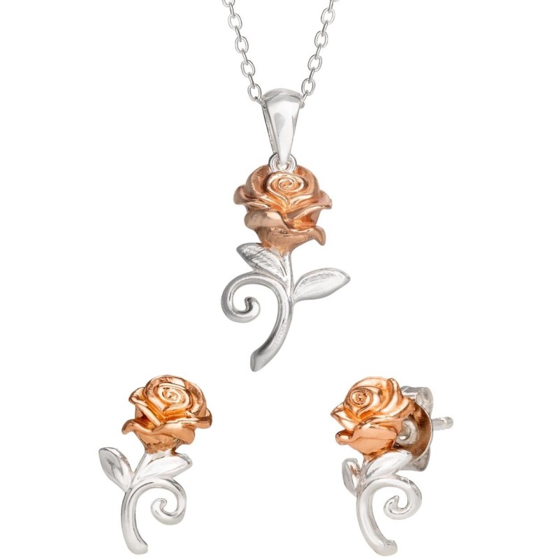 LA BELLE & LA BETE - Rose - Set Collier en Argent + Clous d'Oreille 