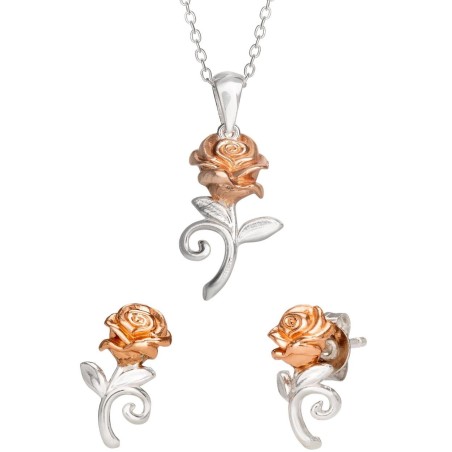 LA BELLE & LA BETE - Rose - Set Collier en Argent + Clous d'Oreille 
