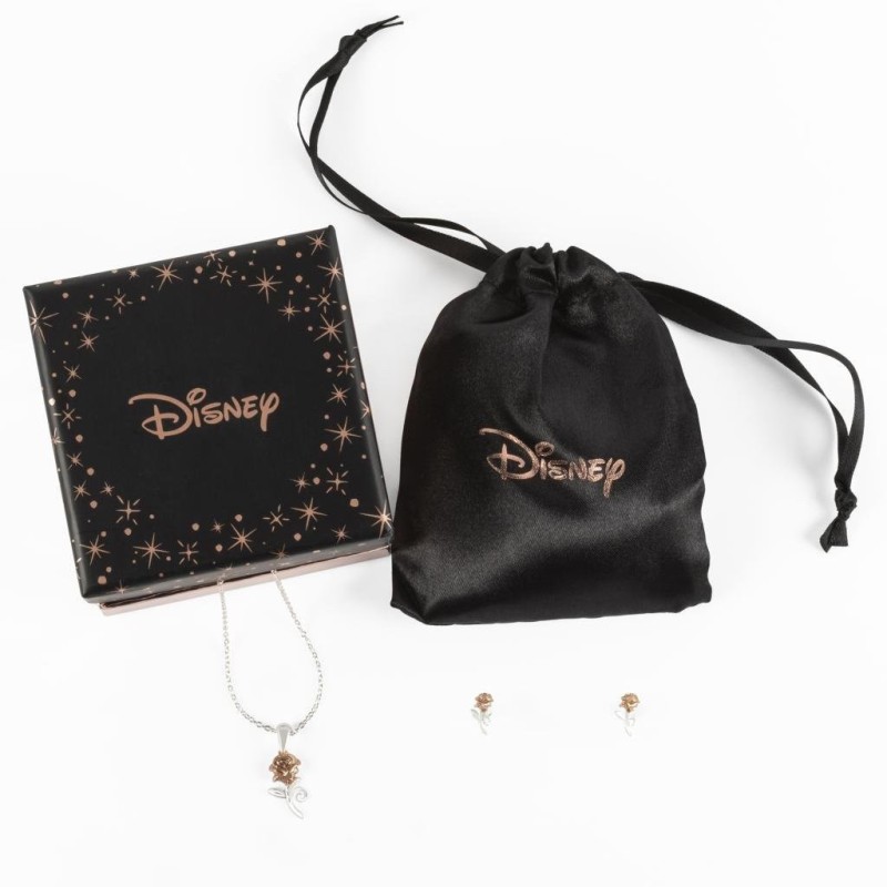 LA BELLE & LA BETE - Rose - Set Collier en Argent + Clous d'Oreille 