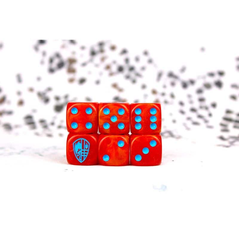 Hundred Kingdom Faction Dice on Red swirl Dice