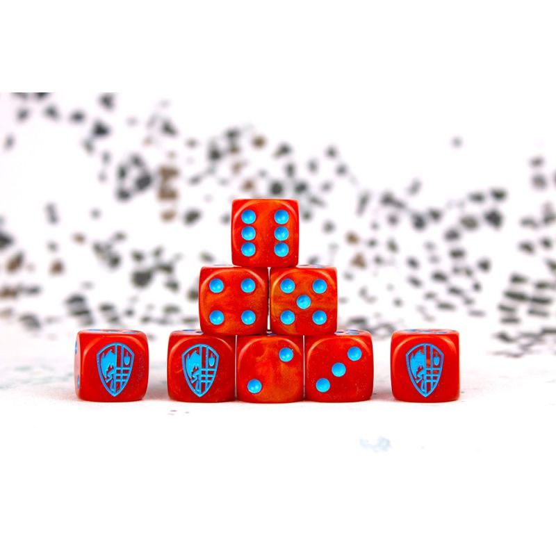 Hundred Kingdom Faction Dice on Red swirl Dice