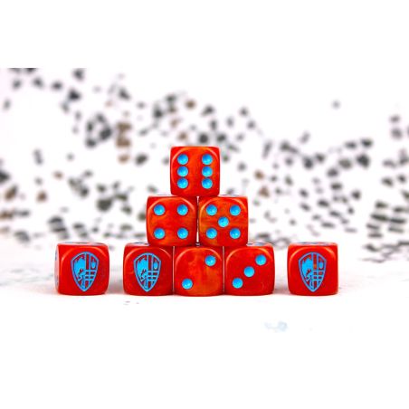Hundred Kingdom Faction Dice on Red swirl Dice