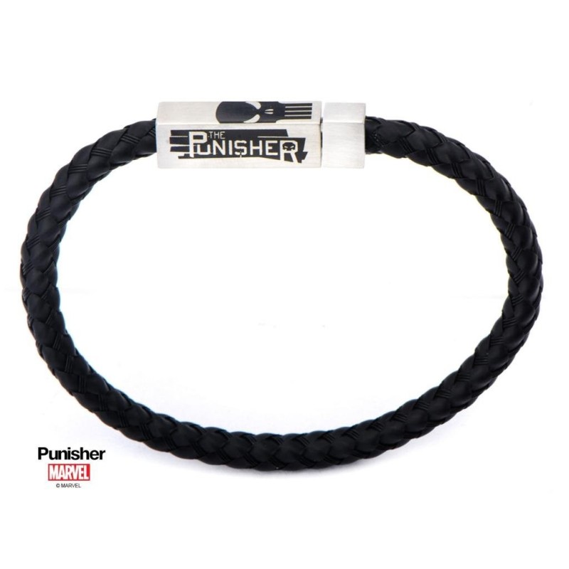 MARVEL - Steel Punisher Skull Logo with Black Leather Bracelet 
