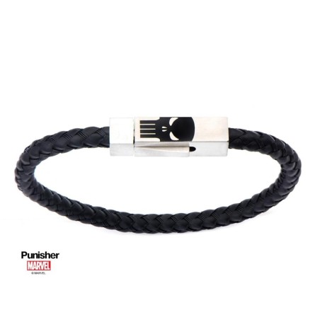 MARVEL - Steel Punisher Skull Logo with Black Leather Bracelet 
