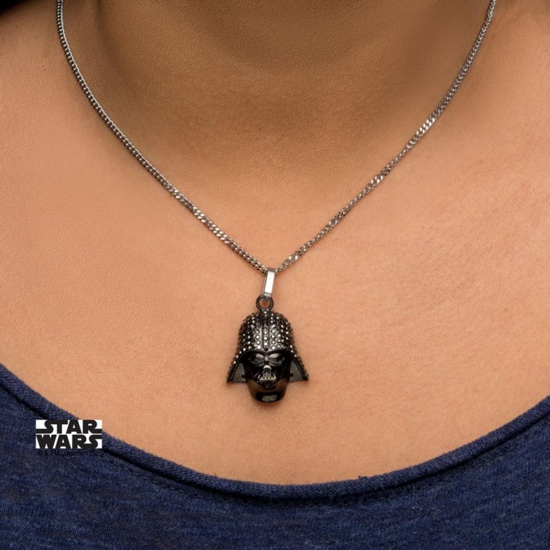 STAR WARS - Black PVD Plated Darth Vader with Clear Gem Pendant Chain 