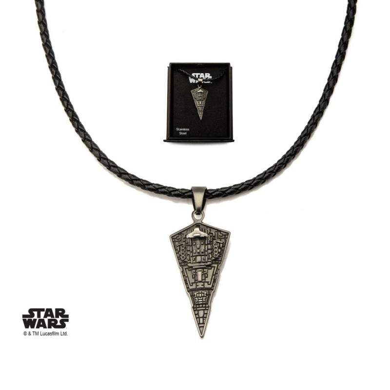 STAR WARS - Men's Stainless Steel Star Destroyer Pendant Black Leather 
