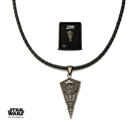 STAR WARS - Men's Stainless Steel Star Destroyer Pendant Black Leather 