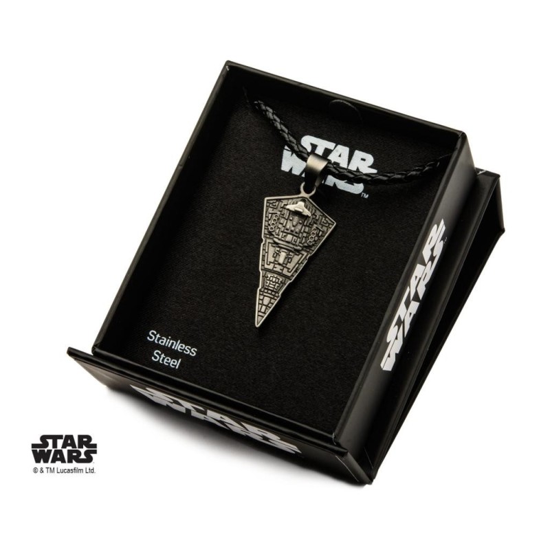 STAR WARS - Men's Stainless Steel Star Destroyer Pendant Black Leather 
