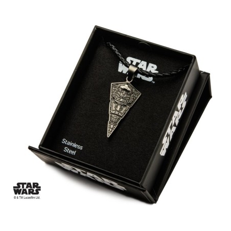 STAR WARS - Men's Stainless Steel Star Destroyer Pendant Black Leather 