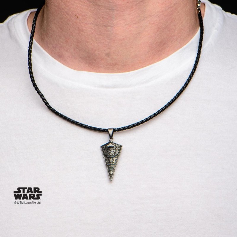 STAR WARS - Men's Stainless Steel Star Destroyer Pendant Black Leather 