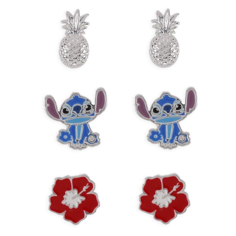 STITCH - Ananas & Fleur - 3 Paires de Clous d'Oreilles - Laiton Plaqué 