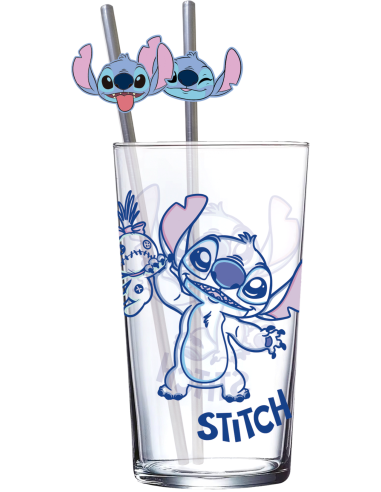 STITCH - Pack Verre XXL Premium 485ml + 2 Pailles en Métal 
