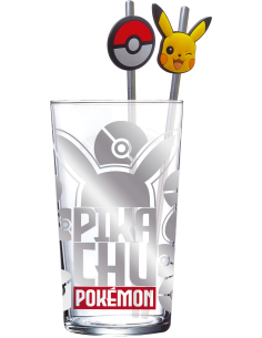 POKEMON - Pikachu - Pack Verre XXL Premium 485ml + 2 Pailles en Métal 