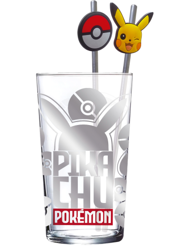 POKEMON - Pikachu - Pack Verre XXL Premium 485ml + 2 Pailles en Métal 