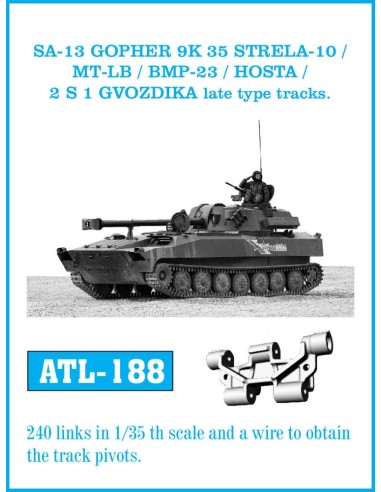 Tracks for SA-13 GOPHER 9K 35 STRELA 10 / MT-LB / BMP23 / HOSTA / 2 S 1 GVODZIKA late type tracks. 