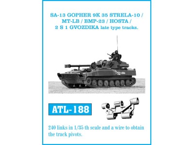 Tracks for SA-13 GOPHER 9K 35 STRELA 10 / MT-LB / BMP23 / HOSTA / 2 S 1 GVODZIKA late type tracks. 