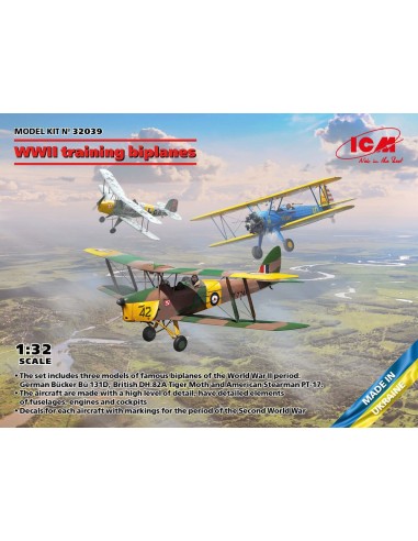 WWII training biplanes (Bücker Bü 131D, DH.82A Tiger Moth, Stearman PT-17) 