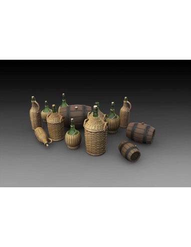 Wicker Bottles Demijohn Glass and small barrels 