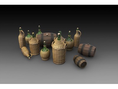Wicker Bottles Demijohn Glass and small barrels 