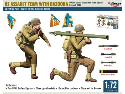 US ASSAULT TEAM WITH BAZOOKA, WW2 US GIs with Bazooka M1A1 rocket launcher Normandy, 1944 