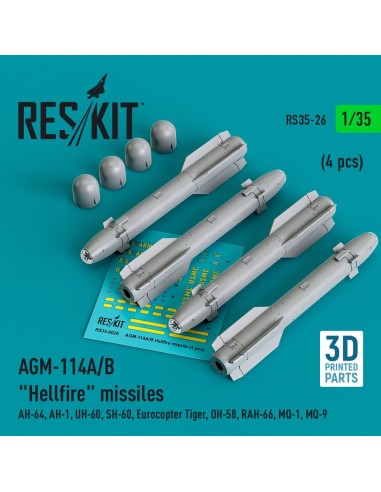 AGM-114A/B Hellfire missiles (4 pcs) (AH-64, AH-1, UH-60, SH-60, Eurocopter Tiger, OH-58, RAH-66, MQ-1, MQ-9) (3D Printed) 
