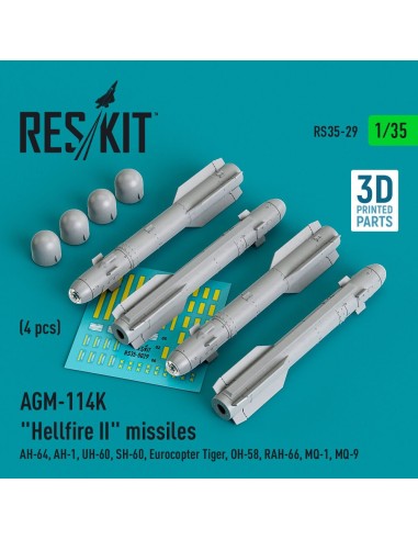 AGM-114K Hellfire II missiles (4 pcs) (AH-64, AH-1, UH-60, SH-60, Eurocopter Tiger, OH-58, RAH-66, MQ-1, MQ-9) (3D Printed) 
