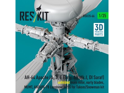 AH-64 Apache (A, D, E Early, AH Mk.I, DI Saraf) unfolded main rotor, early blades, MUMT, AN/APG-78 Longbow/ADSS for Takom/Snowma