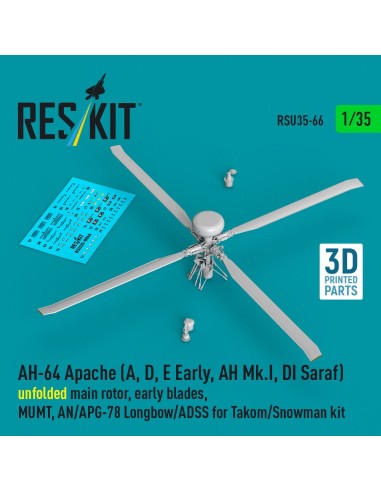 AH-64 Apache (A, D, E Early, AH Mk.I, DI Saraf) unfolded main rotor, early blades, MUMT, AN/APG-78 Longbow/ADSS for Takom/Snowma