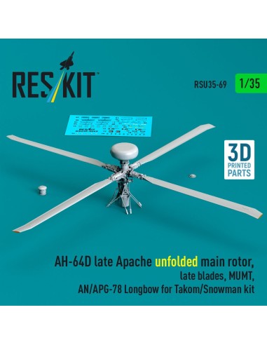 AH-64D late Apache unfolded main rotor, late blades, MUMT, AN/APG-78 Longbow for Takom/Snowman kit (3D Printed) 