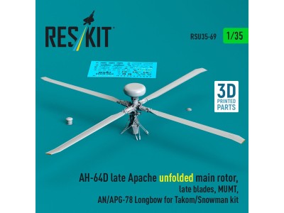 AH-64D late Apache unfolded main rotor, late blades, MUMT, AN/APG-78 Longbow for Takom/Snowman kit (3D Printed) 