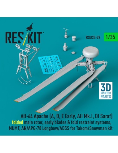 AH-64 Apache (A, D, E Early, AH Mk.I, DI Saraf) folded main rotor, early blades & fold restraint systems, MUMT, AN/APG-78 Longbo