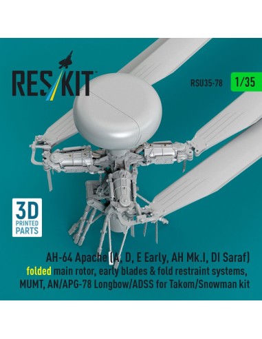 AH-64 Apache (A, D, E Early, AH Mk.I, DI Saraf) folded main rotor, early blades & fold restraint systems, MUMT, AN/APG-78 Longbo