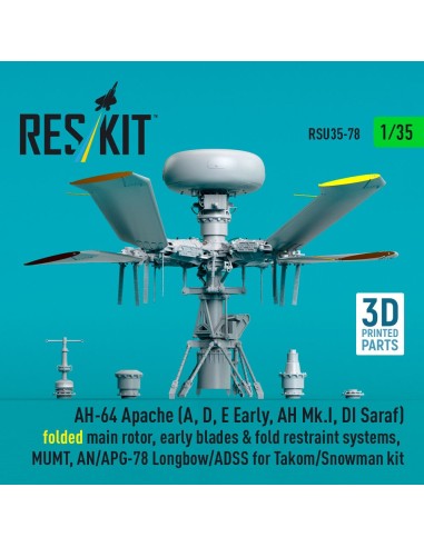 AH-64 Apache (A, D, E Early, AH Mk.I, DI Saraf) folded main rotor, early blades & fold restraint systems, MUMT, AN/APG-78 Longbo