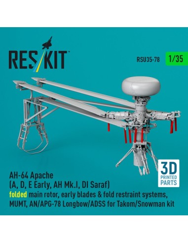 AH-64 Apache (A, D, E Early, AH Mk.I, DI Saraf) folded main rotor, early blades & fold restraint systems, MUMT, AN/APG-78 Longbo