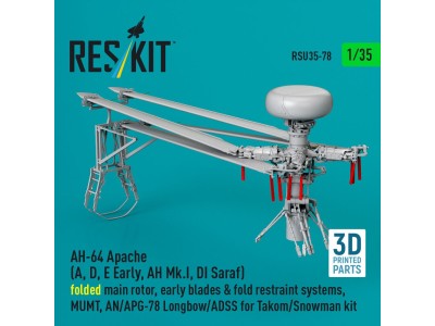 AH-64 Apache (A, D, E Early, AH Mk.I, DI Saraf) folded main rotor, early blades & fold restraint systems, MUMT, AN/APG-78 Longbo