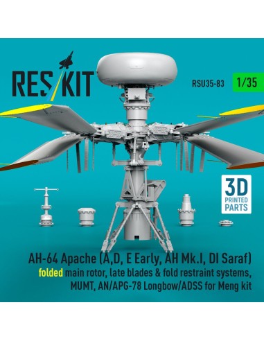 AH-64 Apache (A,D, E Early, AH Mk.I, DI Saraf) folded main rotor, late blades & fold restraint systems, MUMT, AN/APG-78 Longbow/