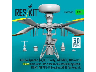 AH-64 Apache (A,D, E Early, AH Mk.I, DI Saraf) folded main rotor, late blades & fold restraint systems, MUMT, AN/APG-78 Longbow/
