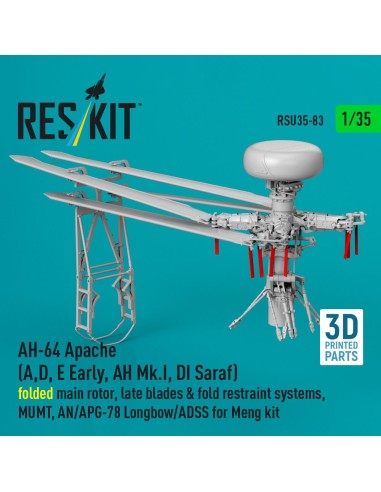AH-64 Apache (A,D, E Early, AH Mk.I, DI Saraf) folded main rotor, late blades & fold restraint systems, MUMT, AN/APG-78 Longbow/