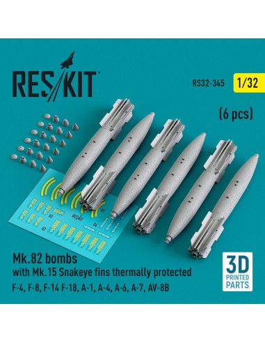 Mk.82 bombs with Mk.15 Snakeye fins thermally protected (6 pcs) (F-4, F-8, F-14 F-18, A-1, A-4, A-6, A-7, AV-8B) (3D Printed) 