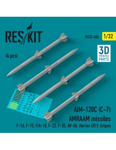 AIM-120C (C-7) AMRAAM missiles (4 pcs) (F-16, F-15, F/A-18, F-22, F-35, AV-8b, Harrier GR.9, Gripen) (3D Printed) 