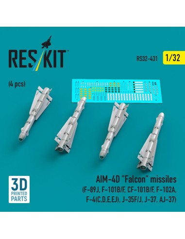 AIM-4D Falcon missiles (4 pcs) (F-89J, F-101B/F, CF-101B/F, F-102A, F-4(C,D,E,EJ), J-35F/J, J-37, AJ-37) (3D Printed) 
