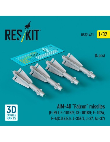 AIM-4D Falcon missiles (4 pcs) (F-89J, F-101B/F, CF-101B/F, F-102A, F-4(C,D,E,EJ), J-35F/J, J-37, AJ-37) (3D Printed) 