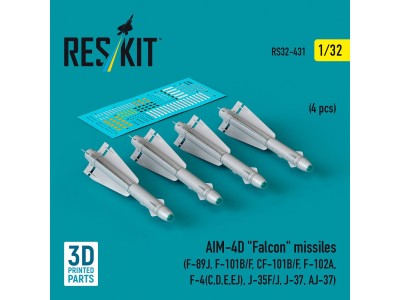 AIM-4D Falcon missiles (4 pcs) (F-89J, F-101B/F, CF-101B/F, F-102A, F-4(C,D,E,EJ), J-35F/J, J-37, AJ-37) (3D Printed) 