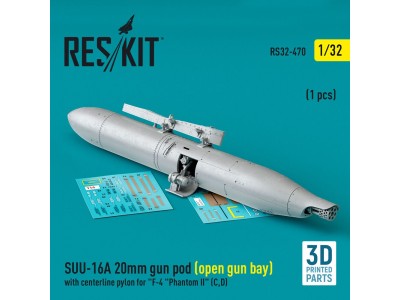 SUU-16A 20mm gun pod (open gun bay) with centerline pylon for F-4 Phantom II (C,D) (1 pcs) (3D Printed) 