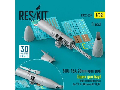 SUU-16A 20mm gun pod (open gun bay) with centerline pylon for F-4 Phantom II (C,D) (1 pcs) (3D Printed) 