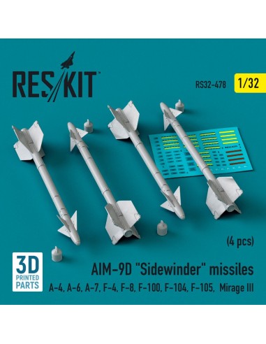AIM-9D Sidewinder missiles (4 pcs) (A-4, A-6, A-7, F-4, F-8, F-100, F-104, F-105, Mirage III) (3D Printed) 