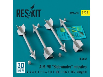 AIM-9D Sidewinder missiles (4 pcs) (A-4, A-6, A-7, F-4, F-8, F-100, F-104, F-105, Mirage III) (3D Printed) 