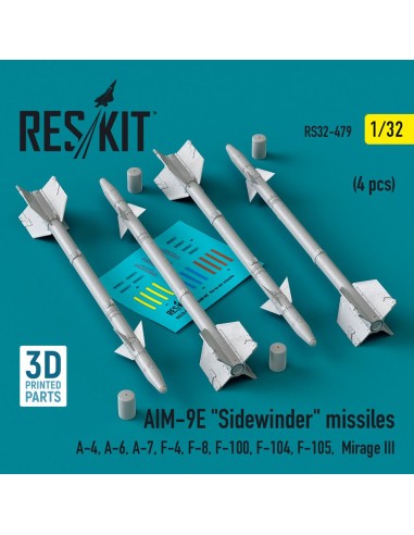 AIM-9E Sidewinder missiles (4 pcs) (A-4, A-6, A-7, F-4, F-8, F-100, F-104, F-105, Mirage III) (3D Printed) 