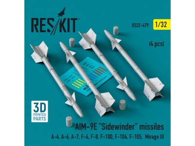 AIM-9E Sidewinder missiles (4 pcs) (A-4, A-6, A-7, F-4, F-8, F-100, F-104, F-105, Mirage III) (3D Printed) 