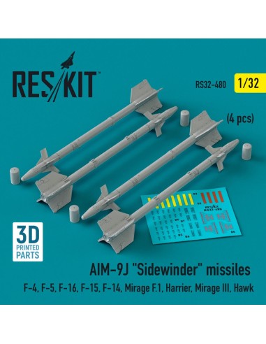 AIM-9J Sidewinder missiles (4 pcs) (F-4, F-5, F-16, F-15, F-14, Mirage F.1, Harrier, Mirage III, Hawk) (3D Printed) 